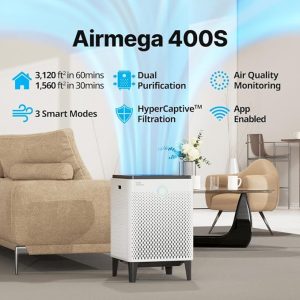 Coway Airmega 400S smart air purifier with dual HEPA and activated carbon filters, designed for large rooms, featuring real-time air quality monitoring and app control.