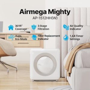 Coway Airmega Mighty air purifier with HEPA filter, deodorizing filter, and Eco Mode, designed for small to medium rooms, ideal for dust, allergens, and odor removal.