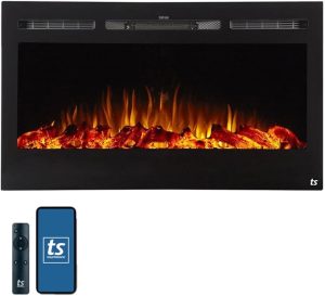 Touchstone Smart Electric Fireplace-The Sideline 36 Inch Wide-in Wall Recessed-30 Realistic Ember Color/Flame Options-1500W Heater w/Thermostat-Black-Log & Crystal Hearth Options -Alexa/WiFi Enabled